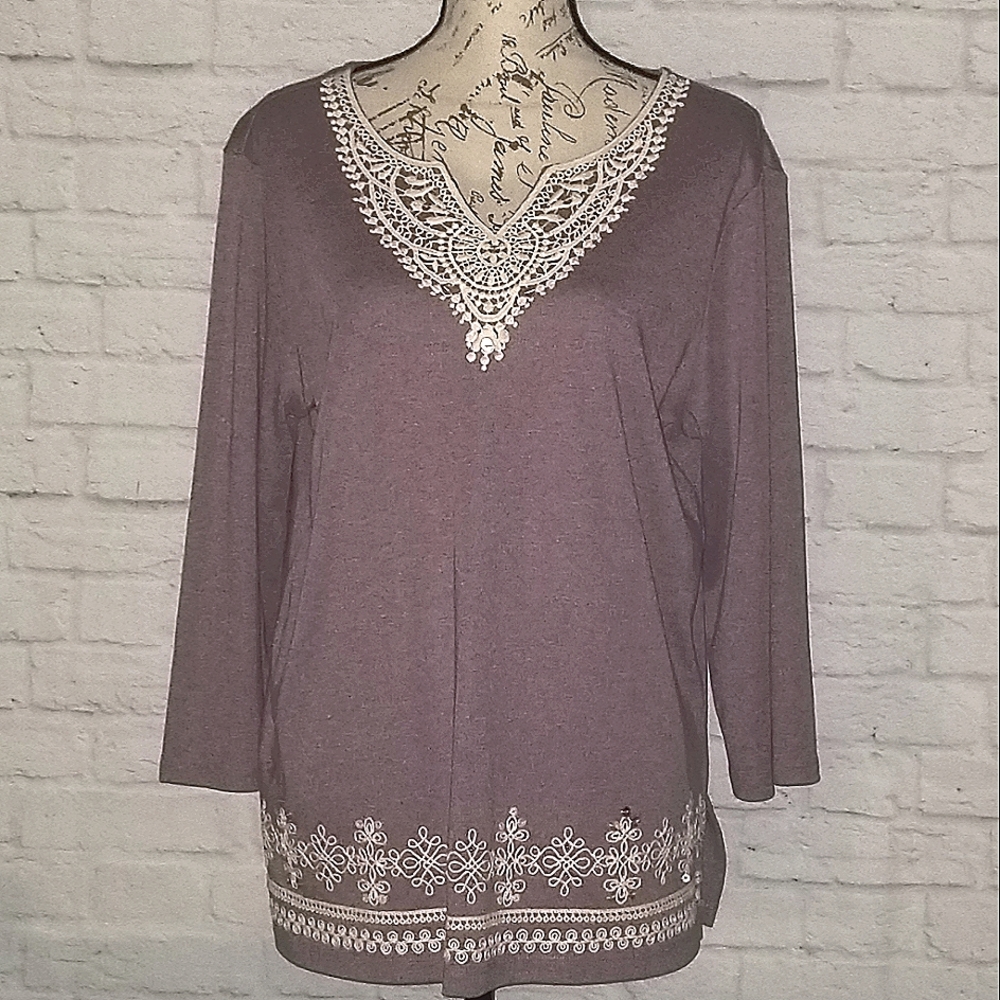 Alfred Dunner Women's Lavender Embroidered Top  long sleeves, Size M
